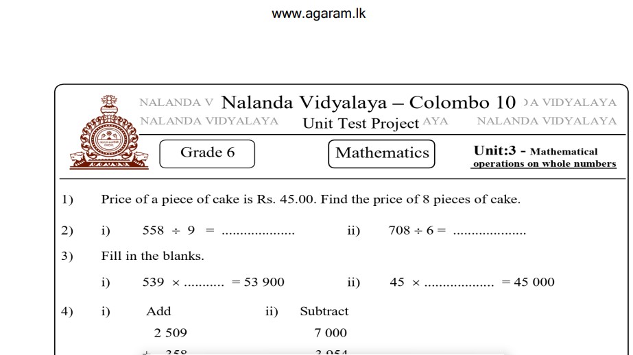 Mathematics Nalanda College Unit Exam Paper February 2020 Grade