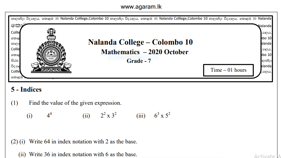 Mathematics Nalanda College Unit Paper Grade 07 Agaram.LK