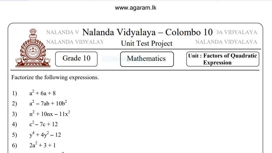 Mathematics Nalanda College Unit Exam Paper Grade 10