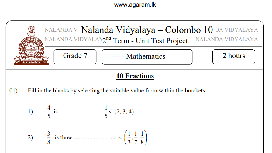 Mathematics Nalanda College Unit Paper Grade 07 Agaram.LK