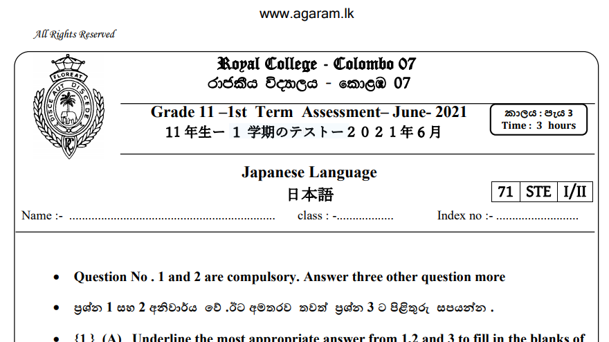 Japanese Test Papper Japanese Language | Term Exam Paper – June 2021 | Grade 11