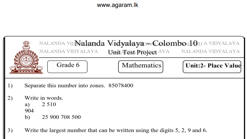 Mathematics | Nalanda College | Unit Exam Paper – 02 | Grade 06