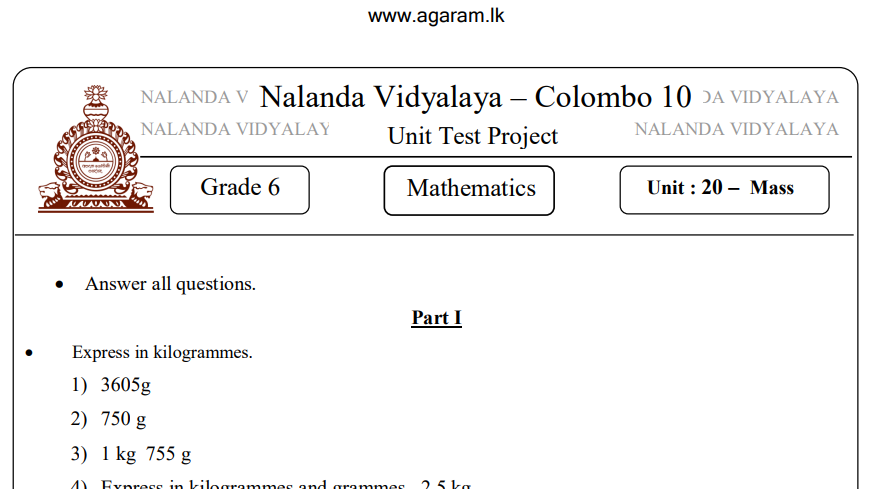 Mathematics | Nalanda College | Unit Exam Paper – 20 | Grade 06