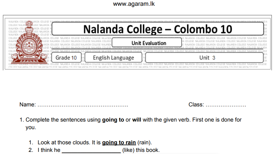Language Test Paper English Language | Unit Exam Paper – 03 | Grade 10