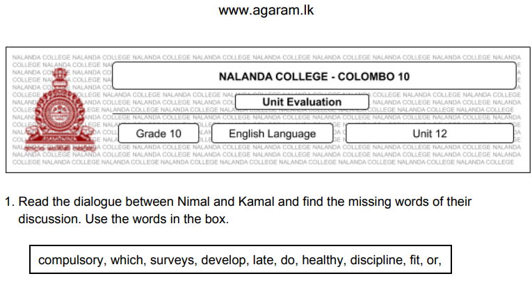 Language Test Paper English Language | Unit Exam Paper – 12 | Grade 10