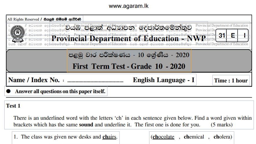 Language Test Paper English Language | Term Exam Paper – March 2020 | Grade 10