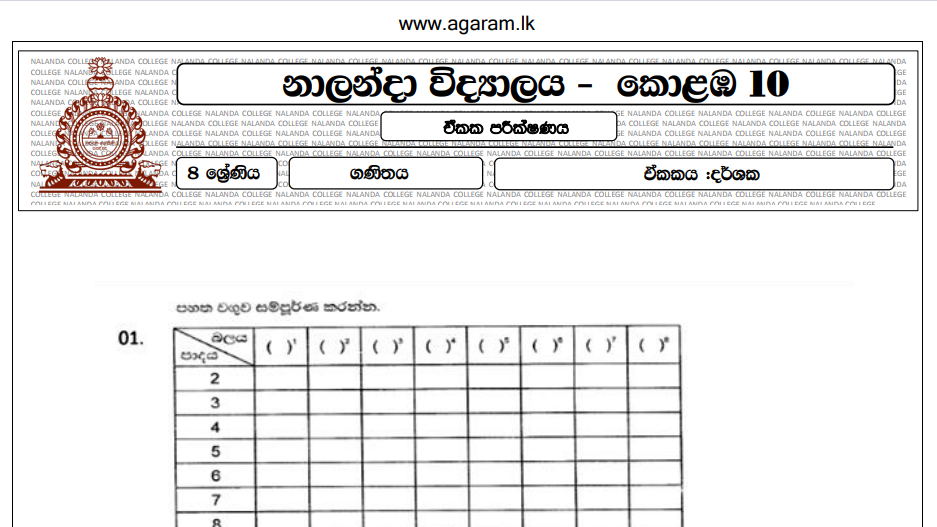Mathematics Nalanda College Unit Exam Paper 10 Grade 08