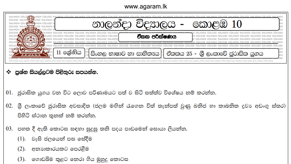 Sinhala Language Unit Exam Paper 25 Grade 11