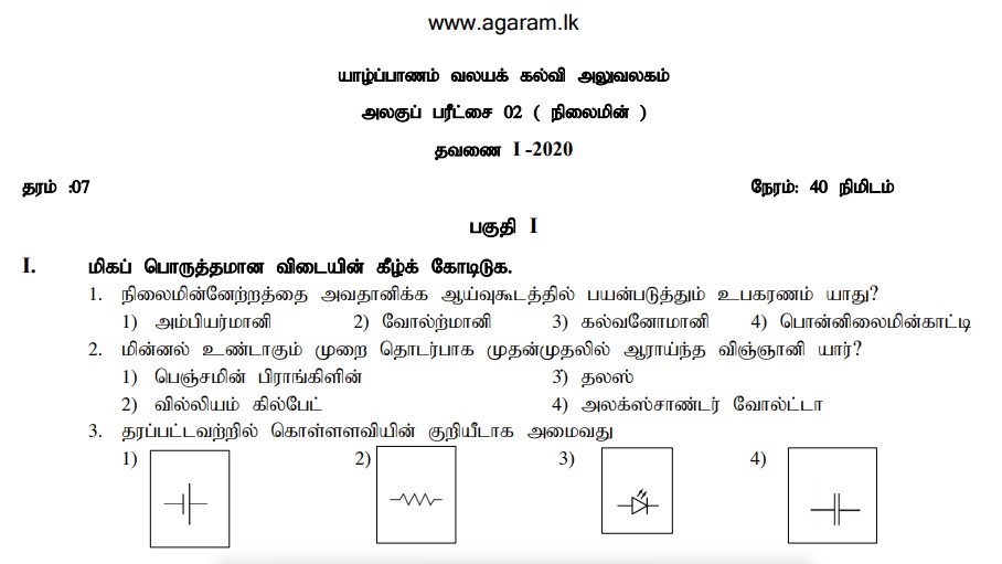 Science Jaffna Zonal Department Unit Exam Paper February 2020